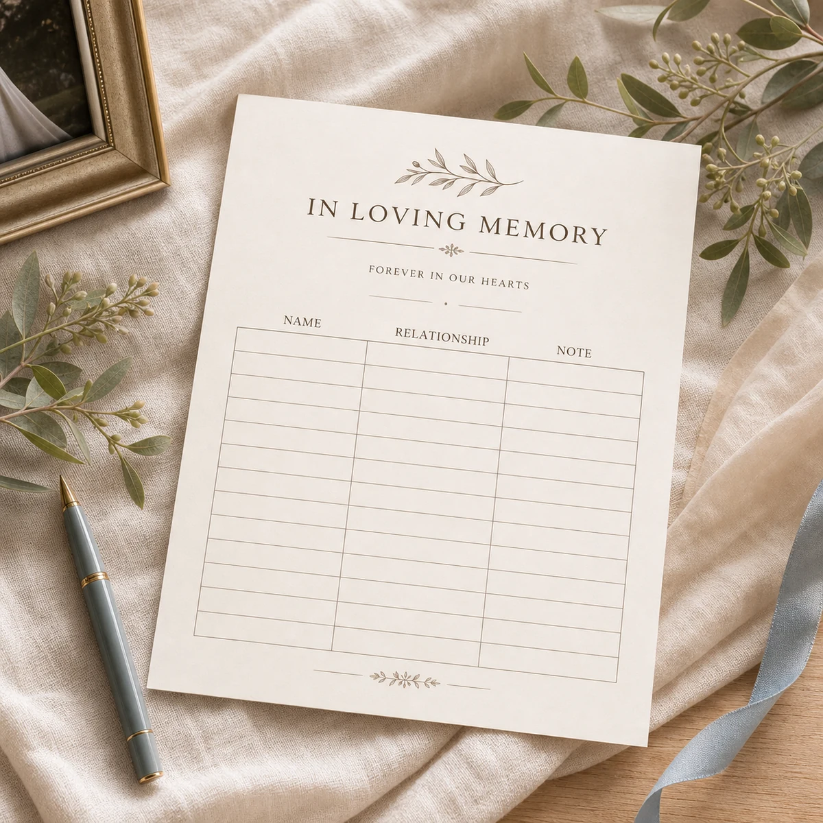 Memorial Guestbook Sign-In Sheet — Twenty guest entries per page
