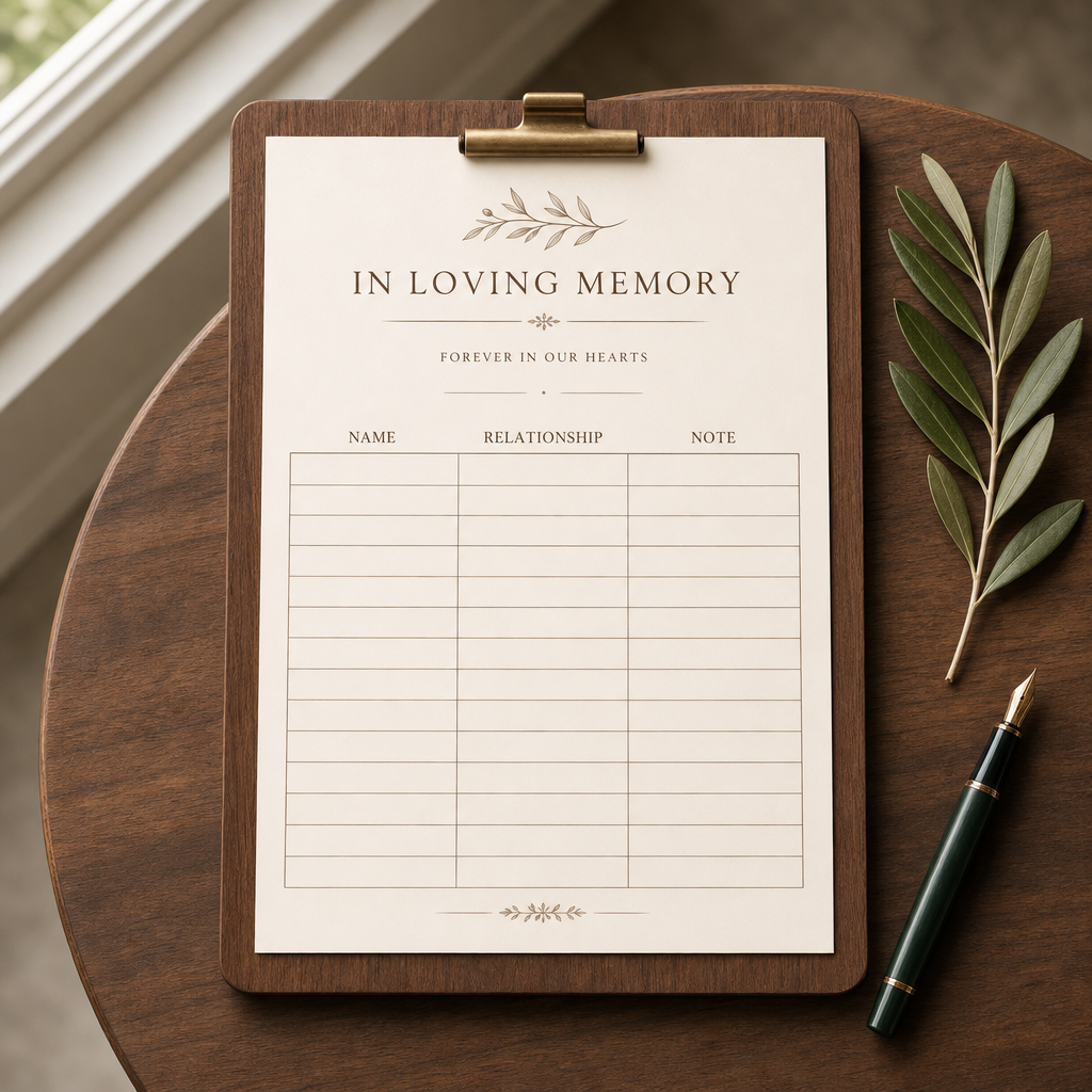 Memorial Guestbook Sign-In Sheet — Twenty guest entries per page